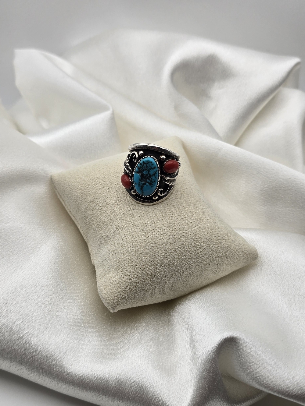 Turquoise and Coral Sterling Silver Native Statement Ring